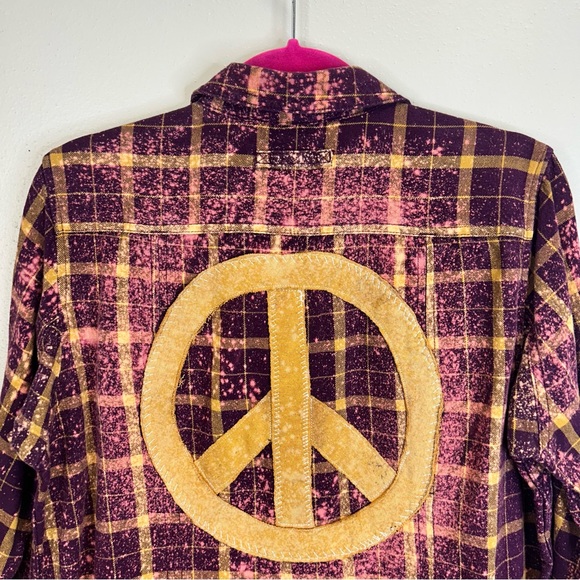 Peace Sign Boho Hippie Purple Yellow Festival Flannel Casual Womens M Upcycled - Picture 4 of 13